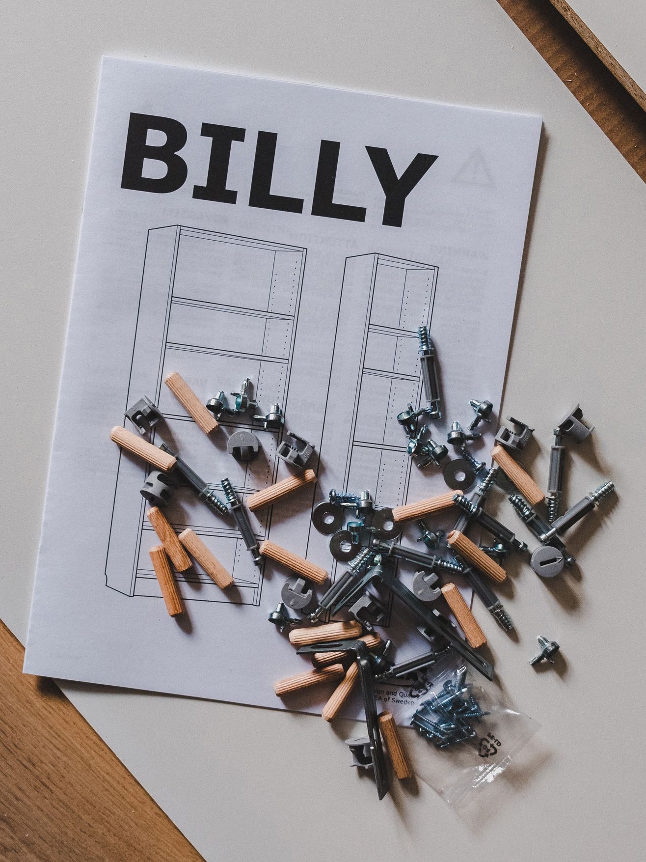 An example of co-creation with an image of a assembly manual for the Ikea "Billy" shelf and the necessary screws and dowels.