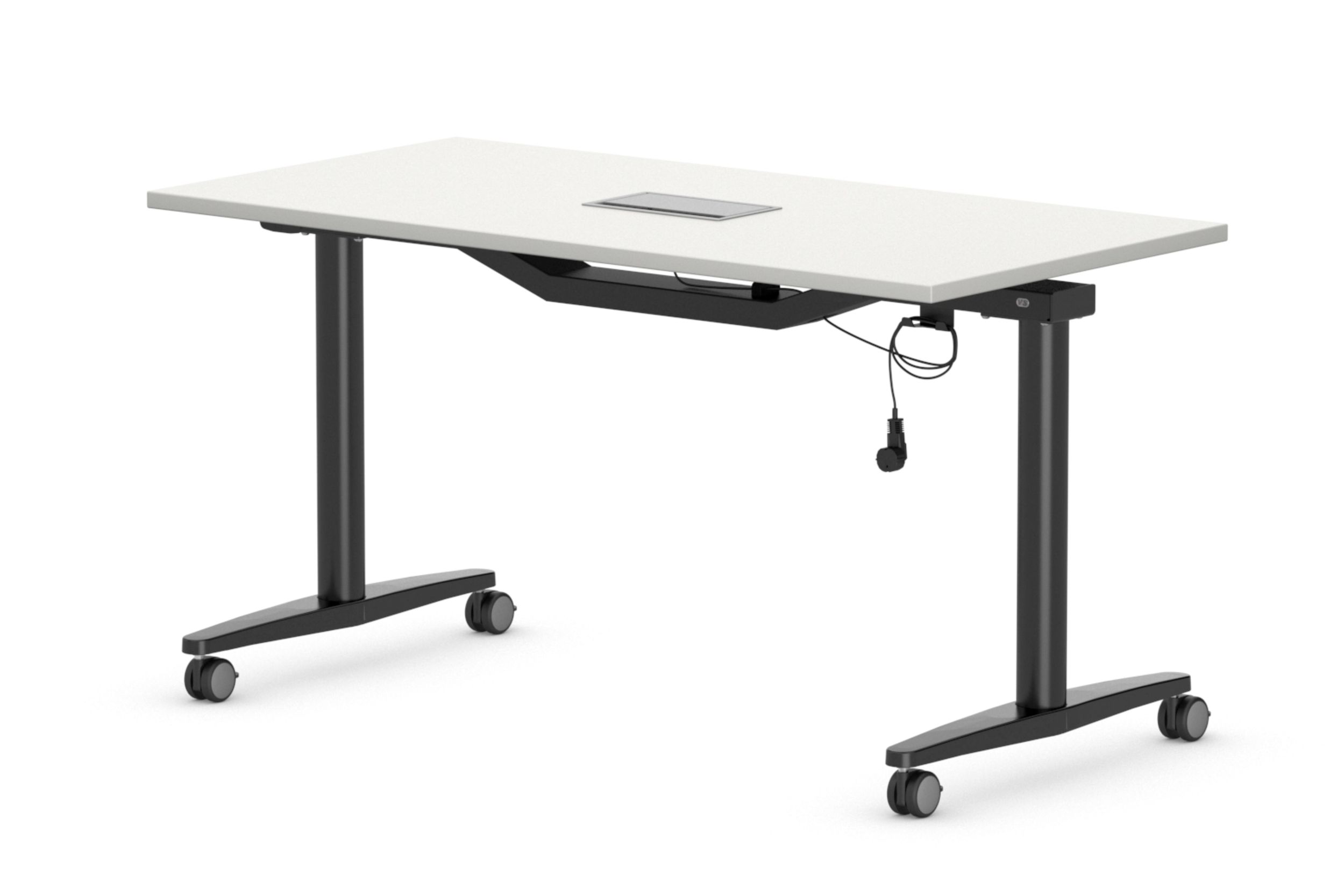 Der hochklappbare Tisch FlipTable mit Rollen und integrierter Elektrifizierung in Form von Kabelauslass und Kabelmanagement