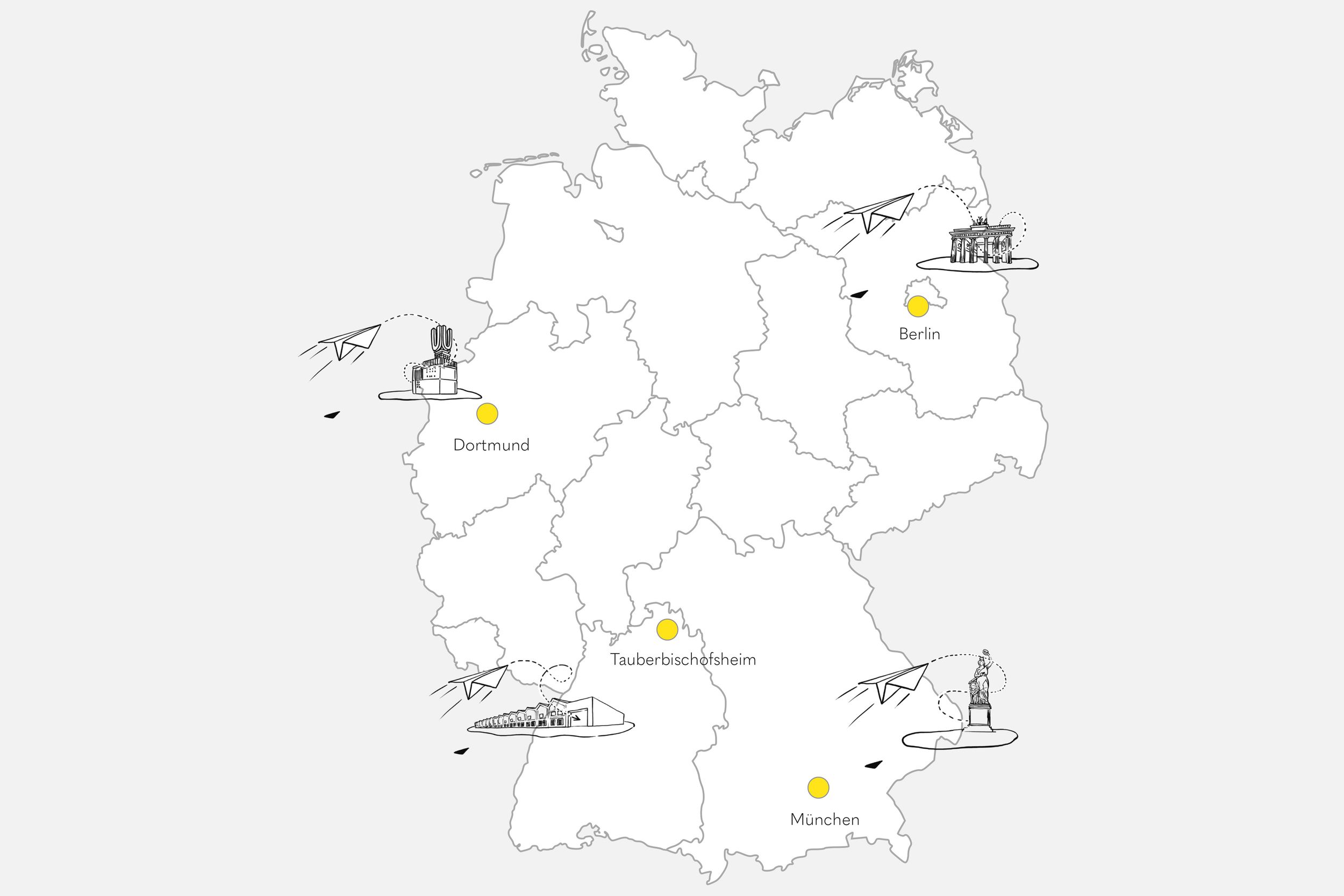 Die vier Niederlassungen von VS sind auf einer Deutschlandkarte markiert: Berlin, Dortmund, München und Tauberbischofsheim.