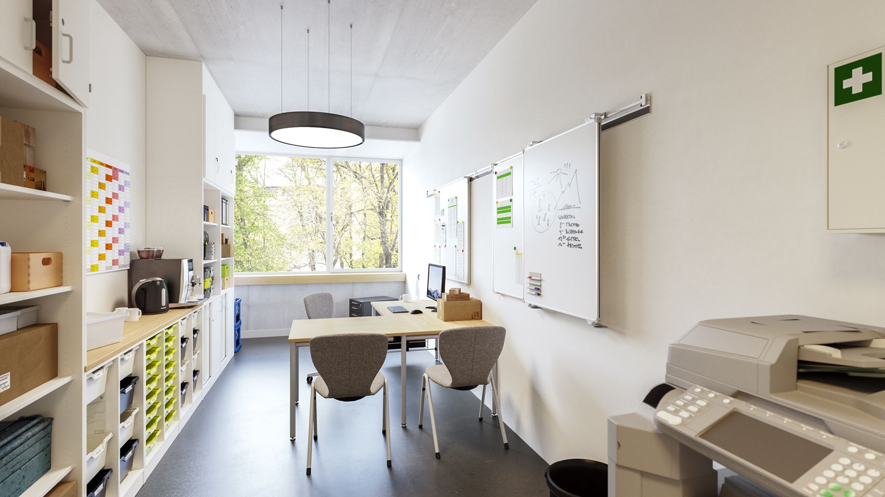 A lecturer's office with VS tables, Compass Soft chairs, a wall of cabinets and whiteboards