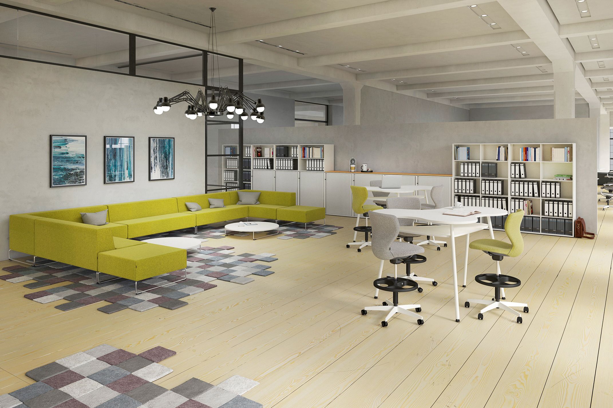 Open-plan office landscape with low-back sofas, the TeamTable high table and upholstered panto chairs for high seating.