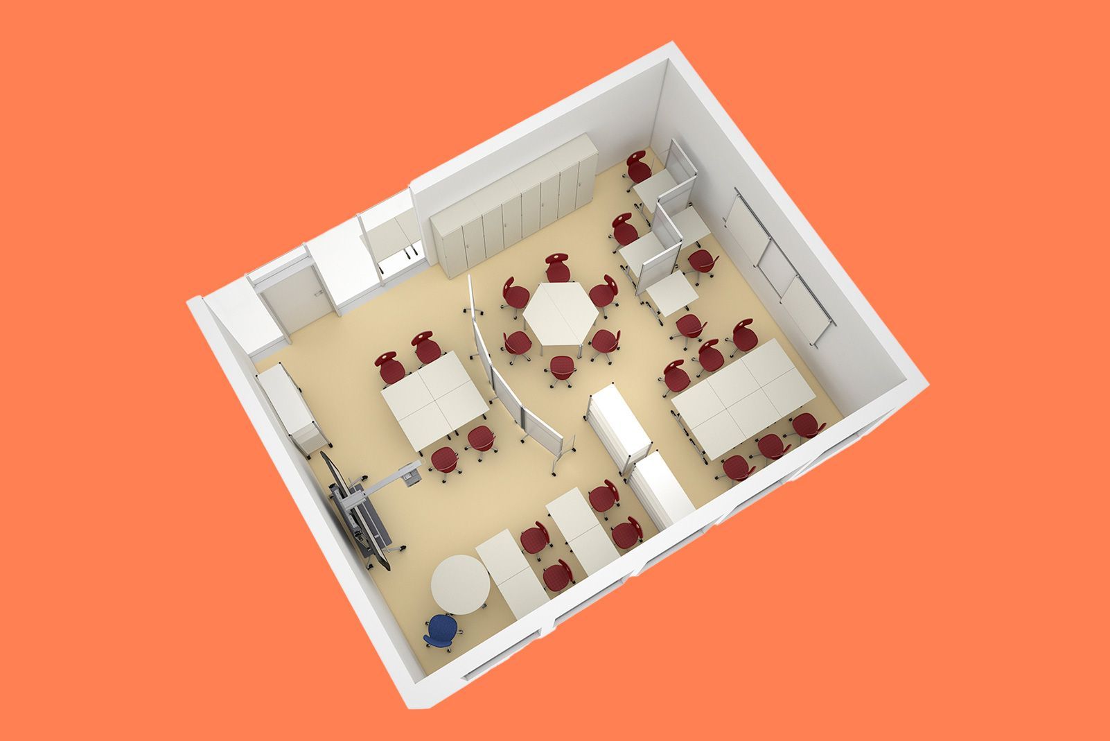 Modèle d'une salle de classe avec différents espaces pour le travail individuel et en groupe