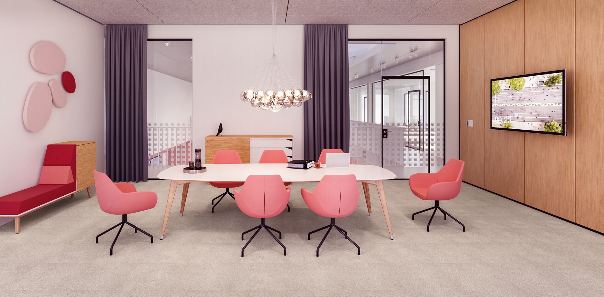 Meeting room with oval conference table and a wooden cabinet of the JustBe series by VS