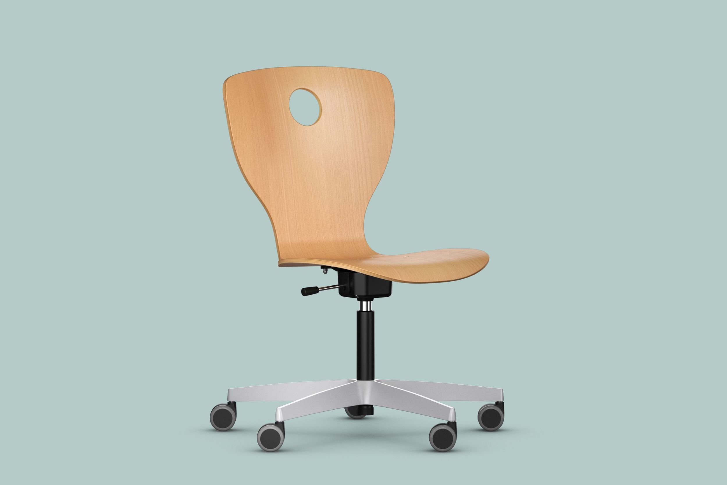 The height-adjustable PantoMove swivel chair by VS with wooden seat shell