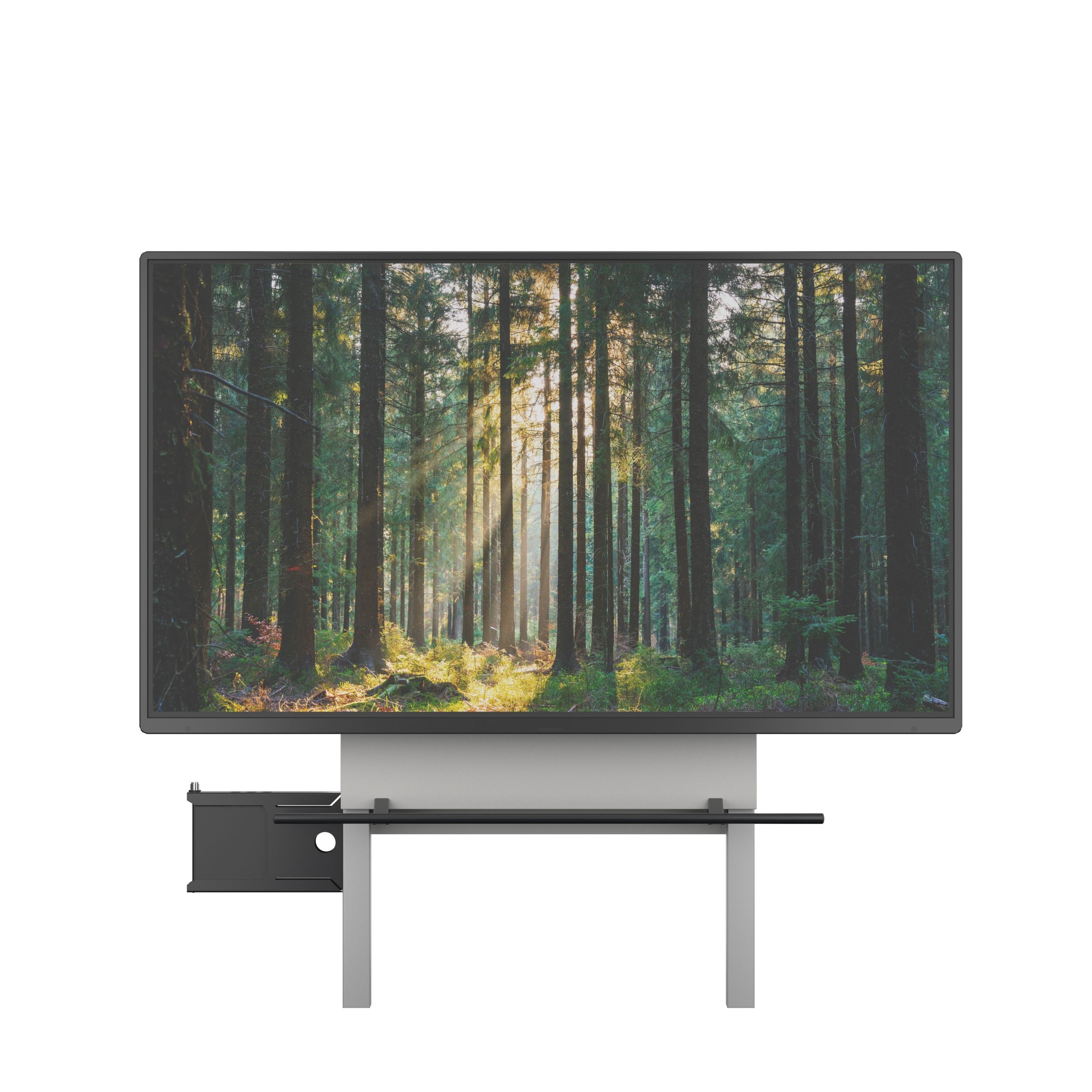 Touchdisplay mit Bild eines Waldes, auf höhenverstellbarem Trägersystem, Freisteller