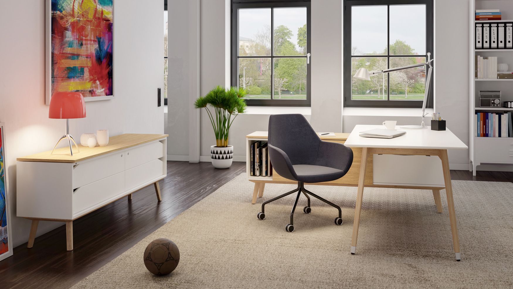 A rectangular table and sideboards from the JustBe series by VS in a home office