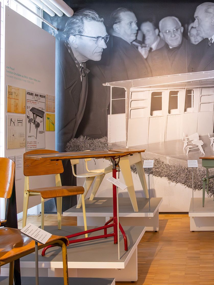 Historic school benches, including some by Jean Prouvé, in the VS School Museum