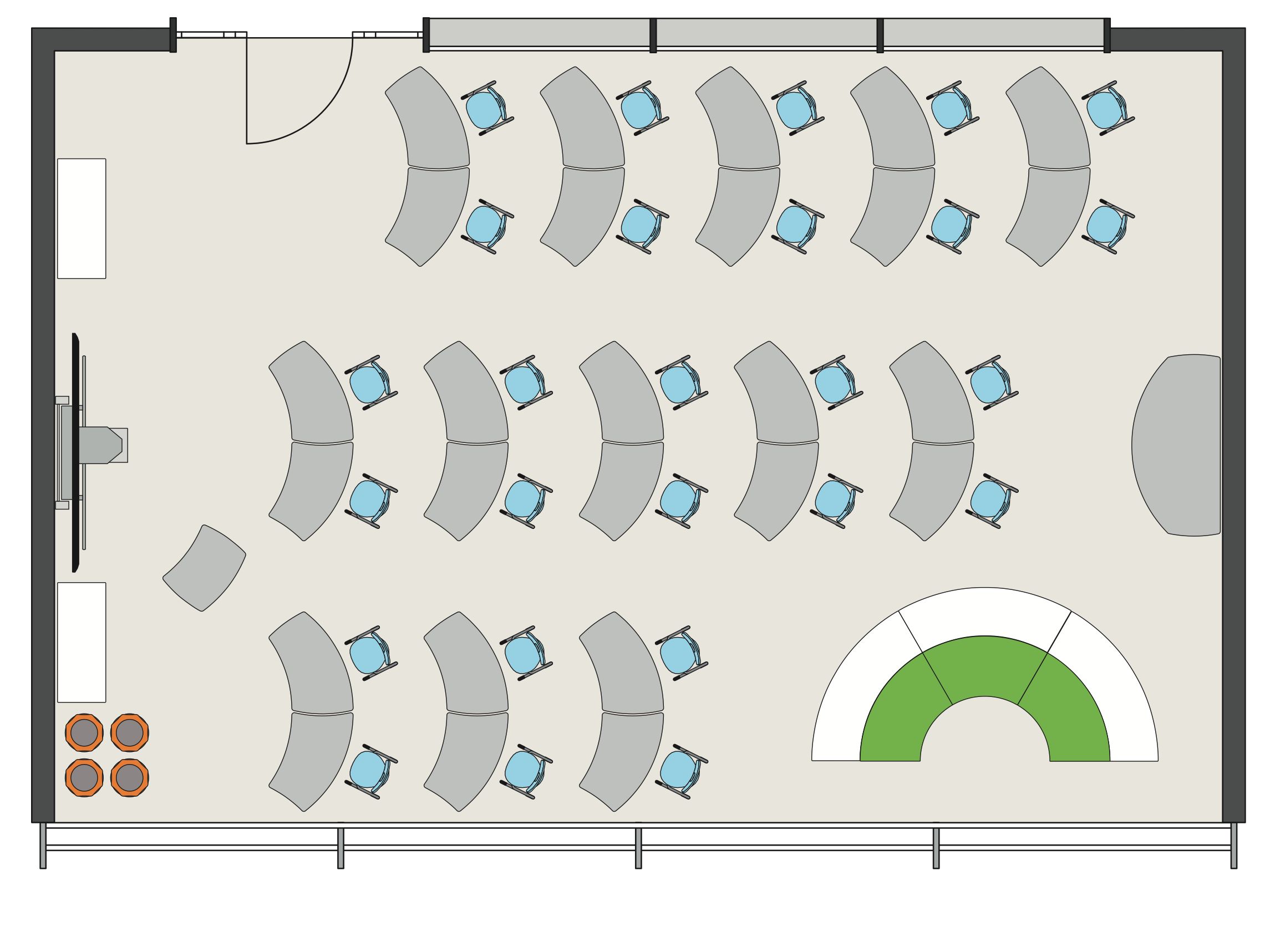 Room layout of a classroom with mobile Shift+ furniture by VS as a standard classroom with a relaxed sitting area