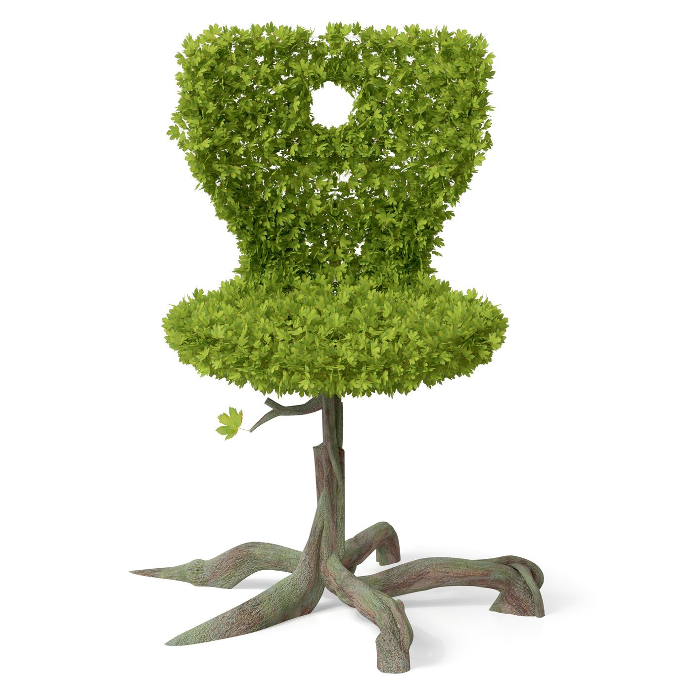 A tree grows in the shape of a VS Panto chair with the foliage as a seat shell